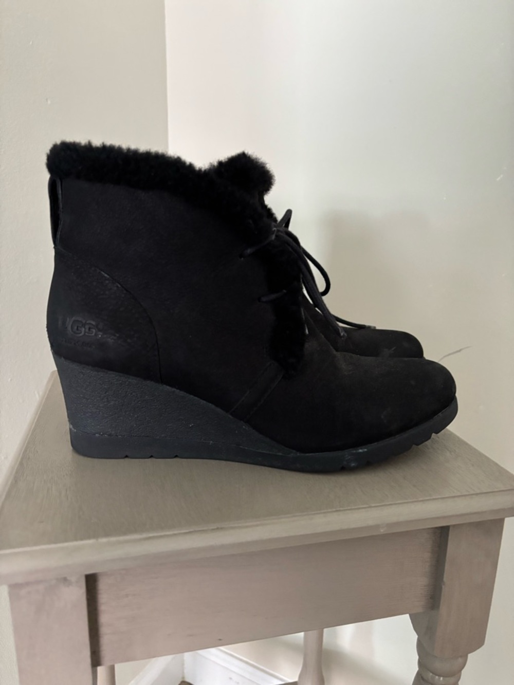 UGG Black Suede Wedge Ankle Boot with Shearling Trim